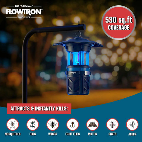Flowtron bug zapper with UV light, hanging, 530 sq ft coverage, indoor outdoor use, silent insect killer for mosquitoes and gnats.
