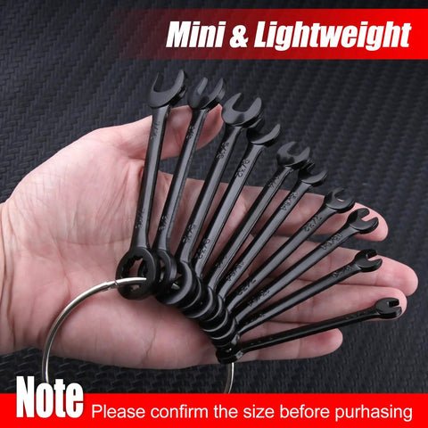 Hand holding Mini SAE Ten Piece Wrench Set With Open End And Box End Wrenches Zipper Bag And Key Ring For Small Fasteners