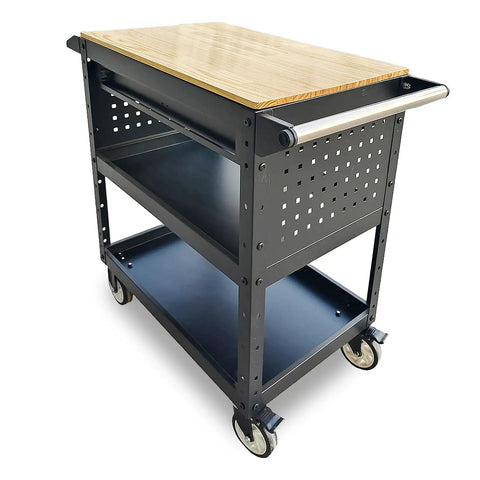Heavy-Duty Rolling Utility Cart With Wooden Top, 3-Tier Mobile Workshop Table On Sturdy Casters, Boss-Grade Tool Organizer Cabinet For Garage, Shop Or Warehouse, 330Lb Load Capacity, Portable, Durable And Versatile
