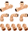 Half Inch Copper Press Fittings Kit 10 Pack With 2 Tees 3 Elbows 5 Couplings For Quick Press Plumbing, Tool Free Flame Free Install