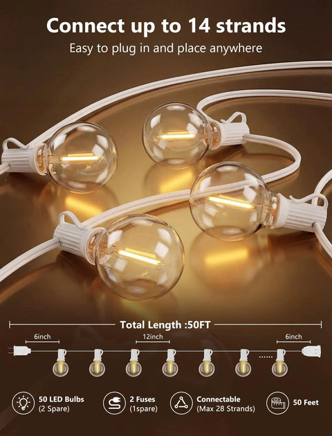 LED Outdoor String Lights 50Ft With 52 G40 Globe Bulbs Waterproof Plug-In Shatterproof Warm White On White Wire For Backyard Patio Garden Balcony Party Wedding Decor Energy Saving