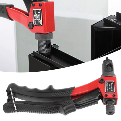 Heavy Duty Hand Rivet Nut Gun Set With Ergonomic Grip For M3, M4, M5, And M6 Inserts Includes Quick Release Screw For Easy Nut Separation And Durable Black And Red Finish Makes Fast Work Of Repair Projects, black and red hand tool on metal insert