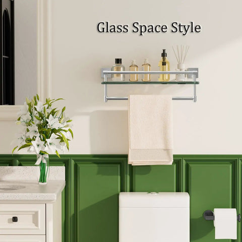 Floating Bathroom Shelf With Towel Bar 20 Inch 8mm Tempered Glass On SUS304 Stainless Steel In Brushed Nickel Finish Modern Wall Mounted Shelves For Bathroom Slick Rust Resistant And Easy To Install over toilet with decor