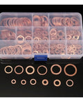 Copper Flat Washers Set For Screws, Rust Resistant Gasket Shims, Heavy Duty Kit With 100 120 200 280 300 Pieces For Auto DIY And Home Projects, Keeps Fasteners Stable And Spreads Pressure. Assorted copper washers in plastic organizer box on black background