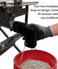 Heavy Duty 2.5 Inch Dust Port Adapter For Table Saw With Snap On Hook attached to a table saw for easy installation and debris collection.