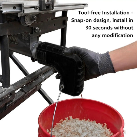 Heavy Duty 2.5 Inch Dust Port Adapter For Table Saw With Snap On Hook attached to a table saw for easy installation and debris collection.