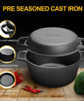 2-In-1 Preseasoned Cast Iron Dutch Oven Pot With Skillet Lid displayed with vegetables, showing dual handles and thickened bottom.