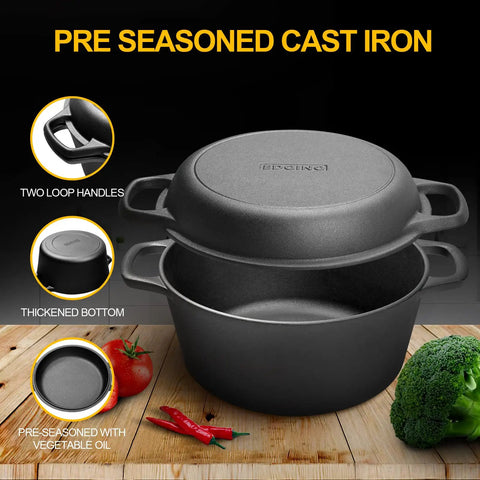 2-In-1 Preseasoned Cast Iron Dutch Oven Pot With Skillet Lid displayed with vegetables, showing dual handles and thickened bottom.