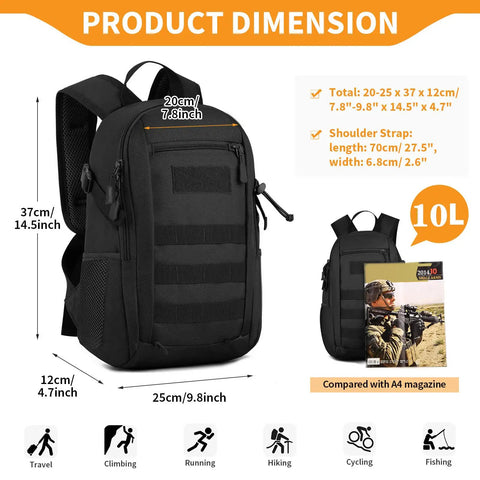 10L Tactical Backpack Small Daypack With MOLLE Rucksack Gear For Hunting Camping Trekking Black Compact EDC Bag Rugged Mini