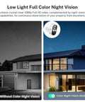 Comparison of house without and with Wireless Outdoor Security Camera 1080P With Battery Power, Color Night Vision effect.
