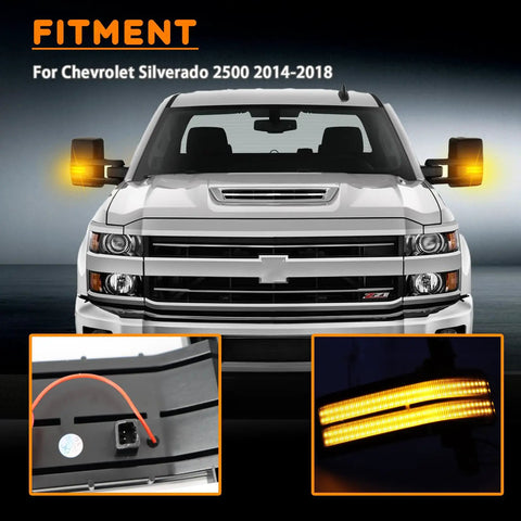 Front view of Chevy 2500 with Led Rear Side Mirror Light Drl Amber Sequential Turn Signal Lamp Kit For 2014 2015 2016 2017 2018 2019 Chevy Silverado GMC Sierra 1500 2500HD 3500HD Plug And Play Full Led Side Marker Mirror Lamp 2pc installed