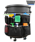 Upgraded Large Trash Can Caddy Bag With Multi Pocket Organizer For 32 To 55 Gallon Bins Turns Your Garbage Bin Into A Mobile Cleaning Station Ideal For House Cleaners And Janitorial Duties Gray Edge, attached to a bin with cleaning supplies.