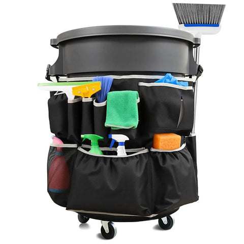 Upgraded Large Trash Can Caddy Bag With Multi Pocket Organizer For 32 To 55 Gallon Bins Turns Your Garbage Bin Into A Mobile Cleaning Station Ideal For House Cleaners And Janitorial Duties Gray Edge, attached to a bin with cleaning supplies.