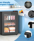 Space Savvy 2.4 Cu Ft Mini Freezer With Clear Glass Front Door And Plenty Of Removable Shelves Snugs Into Apartments Rvs Or Dorm Rooms Keeps Goods Ice Cold Down To Minus Eighteen Degrees F showcasing removable shelves and adjustable feet.