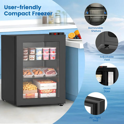 Space Savvy 2.4 Cu Ft Mini Freezer With Clear Glass Front Door And Plenty Of Removable Shelves Snugs Into Apartments Rvs Or Dorm Rooms Keeps Goods Ice Cold Down To Minus Eighteen Degrees F showcasing removable shelves and adjustable feet.