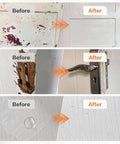 Before and after results of using Wood Touch Up Paint 1.5 Oz Quick Dry White For Furniture Repair on scratched cabinets and doors.