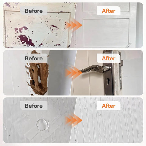 Before and after results of using Wood Touch Up Paint 1.5 Oz Quick Dry White For Furniture Repair on scratched cabinets and doors.