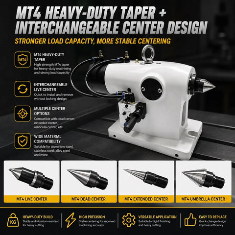 Heavy Duty Pneumatic CNC Four Axis Telescopic Tailstock MT 4 Live Center showcasing multiple center options and durable design.