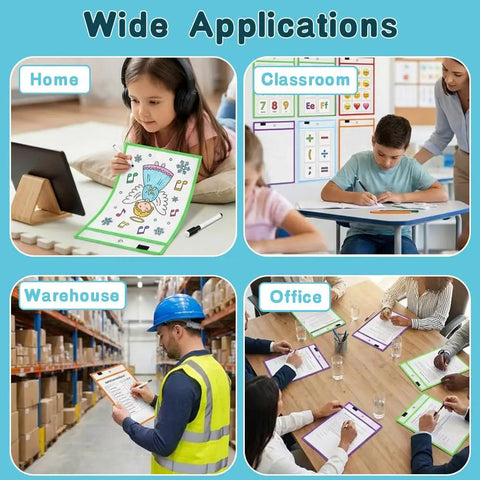 Wide applications of 8 Pack Dry Erase Pocket Sleeves 10 By 14 Inches Reusable Clear Plastic Sheet Protectors in various settings