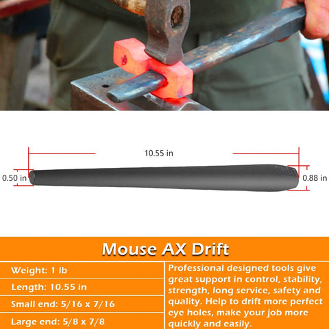 Close-up of Mouse Axe Drift from Eye Drift Tool Set For Smithing And Knife Making, 3 Piece Forging Kit With Hammer Drift, Tomahawk Drift, And Mouse Axe Drift, showing dimensions and steel construction.
