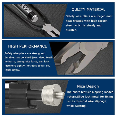 Close-up of Six Inch Safety Wire Pliers With Twenty Five Foot Stainless Twist Wire Tool 032 Gauge Lock Grip For Motorcycle Dirt Bike Grips Aircraft Auto Industry For Professional Shop Use. High carbon steel material, polished jaws, and lock grip feature displayed in the image.