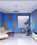 High Density Soundproofing Panels Using Peel Stick Backing Noise Muffling Acoustic Wedge Foam For Home Recording Rooms with blue and gray designs.