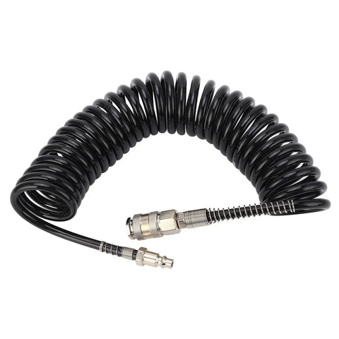 Flexible Coiled Air Hose With Fast Plug N Play Connector For Car Motorcycle Tire Inflation Pump Lightweight Pu Steel Tube Anti Kink 16 Feet Heavy Duty No More Tangles Air Compressor Extension Garage Workshop Smooth Ride Tool Mechanics Crew, black coiled hose with metal connectors