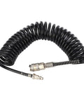 Dang Lightweight Working Horse Air Compressor Hose With Spring Coiled Design and Quick Connect Fittings, 23 ft coiled black hose.