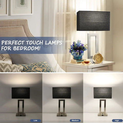 22-Inch Black Touch Table Lamps Set of 2 With No-Fuss Dual USB Ports, illuminated on nightstand, bedroom scene