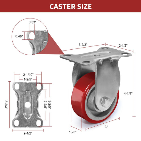 Dimensions of 3 Inch Heavy Duty Swivel Casters With Brakes Polyurethane On Steel Wheels Set Of 4 shown in diagram