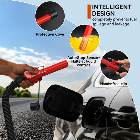 No Nonsense Portable Fuel Transfer Pump With Auto Stop And Quick Wand For Gasoline And Diesel Plug And Play Electric Pump With 51 Inch Hose in use with hands-free clip