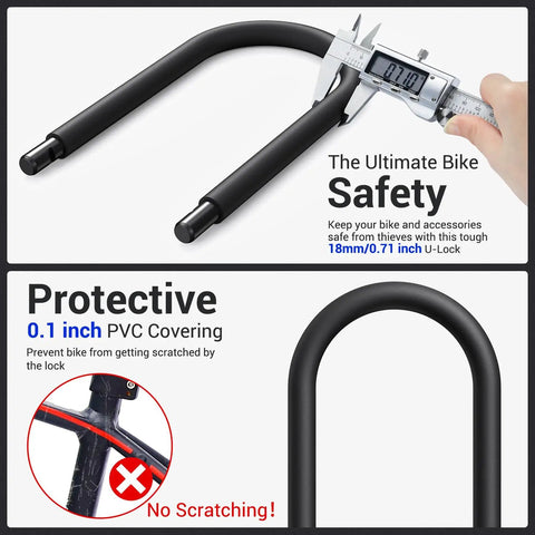 Heavy Duty Bike U Lock With 18mm Shackle And 6ft Security Cable For Road Mountain Electric And Folding Bikes, Portable Lock With Sturdy Mounting Bracket, Water Dust Scratch Resistant, Built Tough So You Can Lock Down Your Ride. 18mm U-lock with 0.1 inch PVC coating and caliper measurement