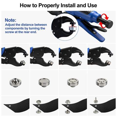 Installation guide for Heavy Duty Snap Fastener Tool Kit With 5 Dies And 15mm Metal Snaps 266 Piece Stainless Steel Snap Tool Set In Four Color Finish For Boat Covers Awnings Denim Leather And Canvas Repair All In One, showing step-by-step process.