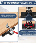 Concealed Cabinet Hinge Jig With Quick Clamp And Dust Vacuum Adapter drilling 35mm hinge in wood, aluminum construction.