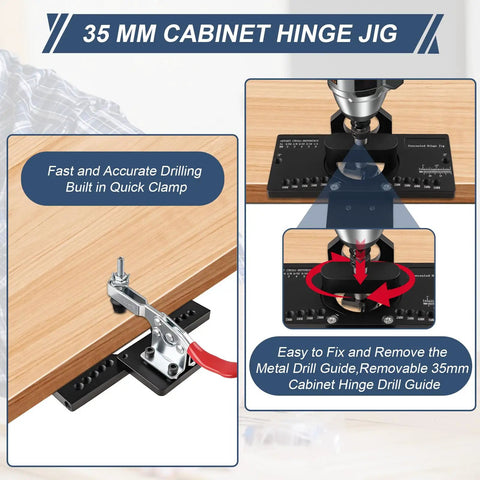 Concealed Cabinet Hinge Jig With Quick Clamp And Dust Vacuum Adapter drilling 35mm hinge in wood, aluminum construction.