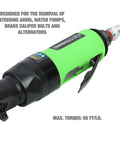 Quarter Inch Drive Air Ratchet With 700 RPM And 50 Ft Lb Torque, Lightweight Auto Tool for Tight Spaces, Engine Bays, Green Handle