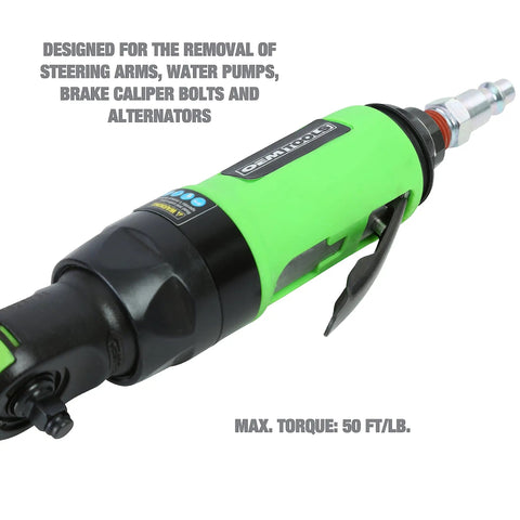 Quarter Inch Drive Air Ratchet With 700 RPM And 50 Ft Lb Torque, Lightweight Auto Tool for Tight Spaces, Engine Bays, Green Handle