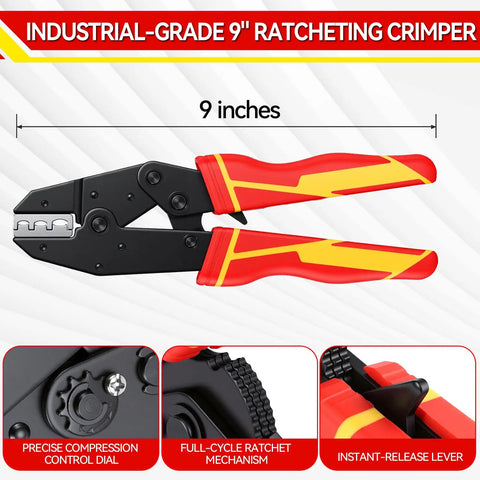 Ratcheting Wire Crimping Tool Set With Six Jaws For Heat Shrink Ferrule Ends Insulated Nylon And Non Insulated Terminals Open Barrel Terminals Solar Connectors Pro Grade Crimper Kit, 9-inch