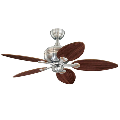 44 Inch Indoor Ceiling Fan With Light And LED, Reversible Maple And Mahogany Blades, Brushed Nickel Copper Accents shown from below