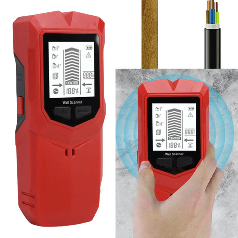 Kavolet Stud Finder Wall Scanner in red, handheld device displaying wall detection modes for locating wood AC wires metal.