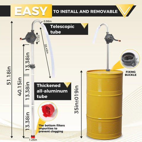 Heavy Duty Drum Pump For 5 To 55 Gallon Drums With 35 Inch Extension Tube Corrosion Resistant Oil Transfer For Heating Oil Diesel Hydraulic Oil And Engine Oil shown with yellow drum and telescopic tube.