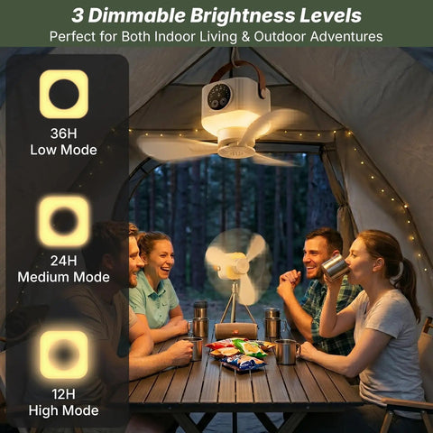 Top Rated Portable Ceiling Fan And Battery Operated Tent Fan Crafted For Campers Craving Straight Up Chill Airflow And No Sweat Remote Control For A Sweet Weekend Getaway with three brightness levels in a tent.