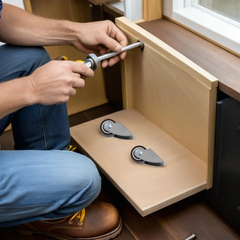 Person installing 6pcs Rigid Furniture Moving Caster Wheels with Rubber, Silent Mobility on a wooden drawer.