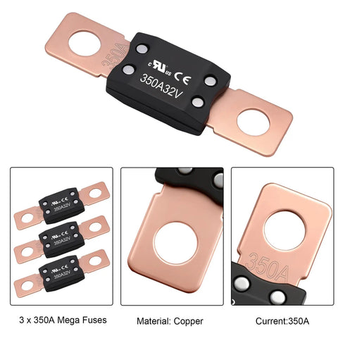 Premium MEGA 350 Amp Auto Fuse 32V DC Bolt On Circuit Protector UL Rated Heavy Duty Nylon Casing with copper terminals.