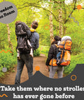 Parents hiking with outdoorsy hiking baby carrier backpack for safe comfortable toddler and baby transport with diaper change pad.