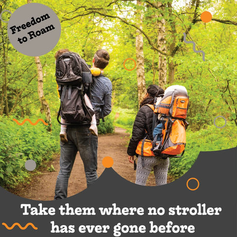 Parents hiking with outdoorsy hiking baby carrier backpack for safe comfortable toddler and baby transport with diaper change pad.