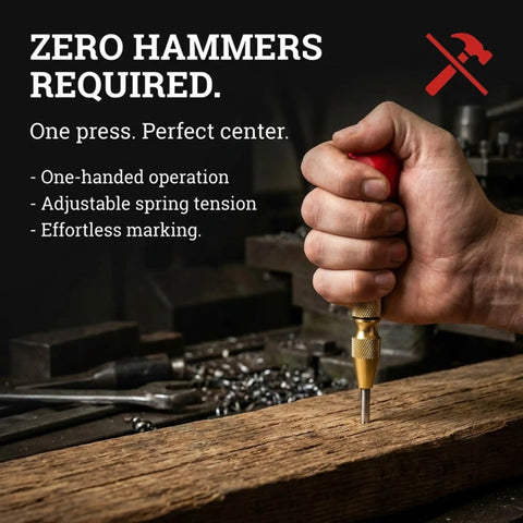 Heavy Duty Automatic Center Hole Punch Boss Level Adjustable Spring Guide With Hardened Steel Tip And Slick Cushion Grip For Marking Drilling Metal Wood Glass Or Windows Solid Hand Tool in use on wood.