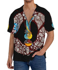 Patterned Short Sleeve Cuban Collar Shirt for Men With Dope Conveyor Belt Print Breathable Polyester Summer Vacation Beach Top Relaxed Fit for Everyday Outdoor Wear in Black on model