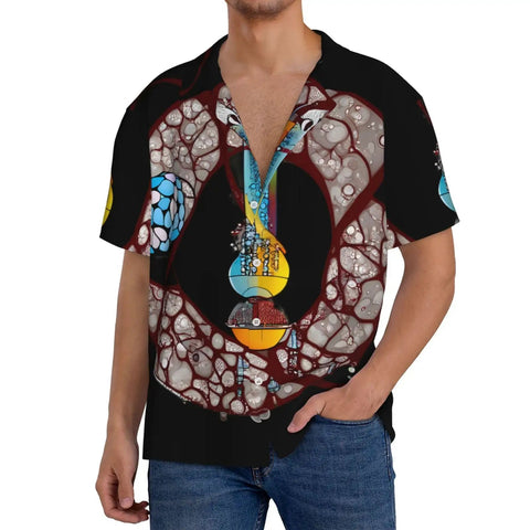 Conveyor Belt Patterned XXL Men's Short Sleeve Cuban Collar Shirt for Summer Beach Days Breathable Polyester Vacation Top in Black with Relaxed Fit