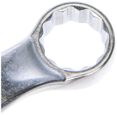 Close-up of a wrench head from Eight Piece Double Ended Ring Wrench Set 6mm By 7mm To 20mm By 22mm With 10 Degree Shallow Offset Chrome Alloy Steel Chrome Plated For Tight Spaces And Hard To Reach Fasteners Pro Grade.